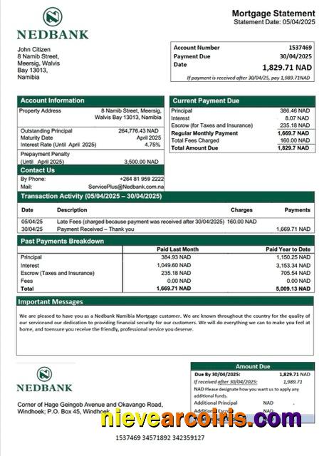 Namibia Nedbank Namibia Limited mortgage statement Word and PDF template